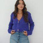 DARK BLUE V-NECK BUTTONED CARDIGAN