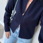 Stand-Up Collar Zippered Cardigan - Navy Blue