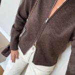 Stand Collar Zippered Cardigan - Brown