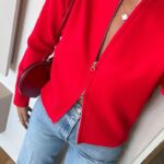Stand-Up Collar Zippered Cardigan - Red