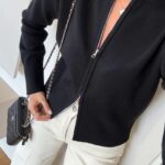 Stand Collar Zippered Cardigan - Black
