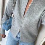 Stand Collar Zippered Cardigan - Light Grey