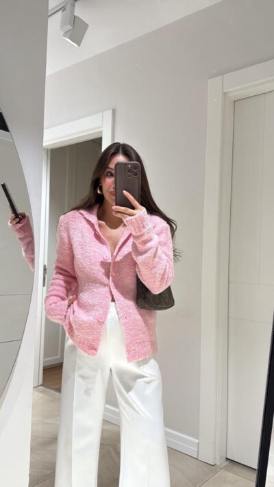 Pink Polo Collar Buttoned Brand Model Buklet Cardigan