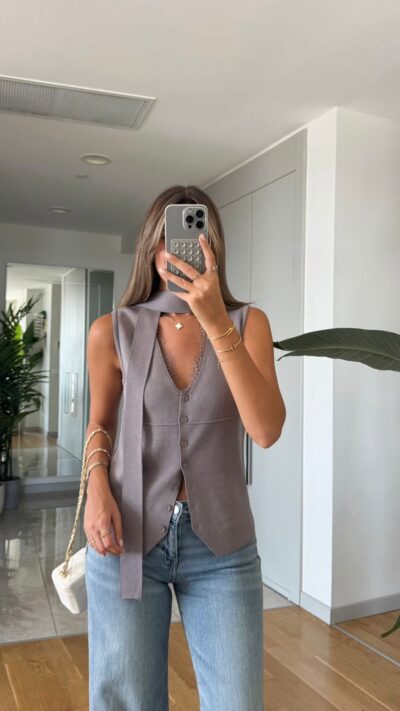Lace Collar Scarf Vest - Mink