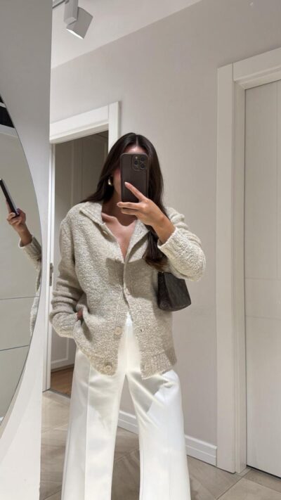 Beige Polo Collar Buttoned Brand Model Buklet Cardigan