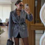 Aisha Grey Textured Premium Belted Blazer