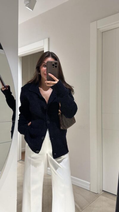 Navy Blue Polo Collar Buttoned Brand Model Buklet Cardigan