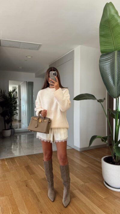 Lace Detailed Satin Shorts - Ecru