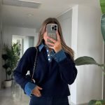 Collar Denim Detailed Sweater - Navy Blue