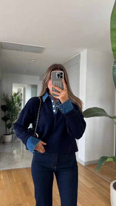 Collar Denim Detailed Sweater - Navy Blue