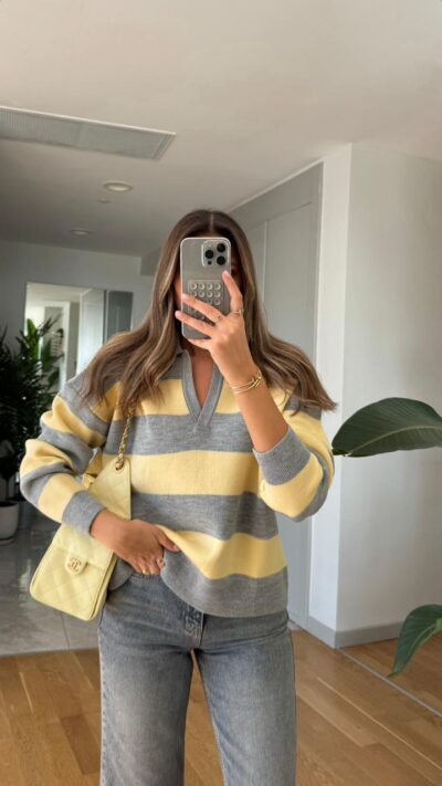 Gray Yellow Polo Collar Knitwear