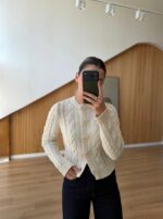 Bead Flower Buttoned Hair Braided Ecru Cardigan