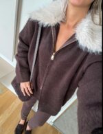 Fur Collar Cardigan with Chardon - Brown - Image 2