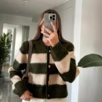 Gold Buttoned Striped Cardigan with Chardon - Khaki