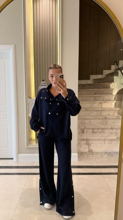 Premium Quality Modal Fabric Double Set with Navy Blue Collar and Snaps