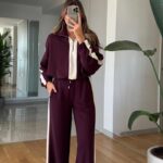 Stripe Detailed Set - Claret Red