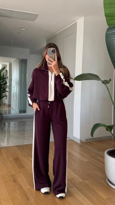 Stripe Detailed Set - Claret Red