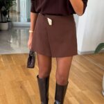 Brooched Mini Short Skirt - Brown