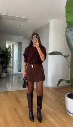 Brooched Mini Short Skirt - Brown - Image 2