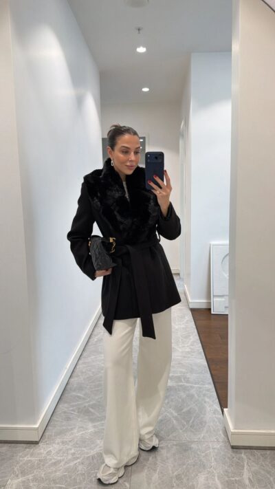 Preorder -FUR COLLAR STAMPED BELTED COAT