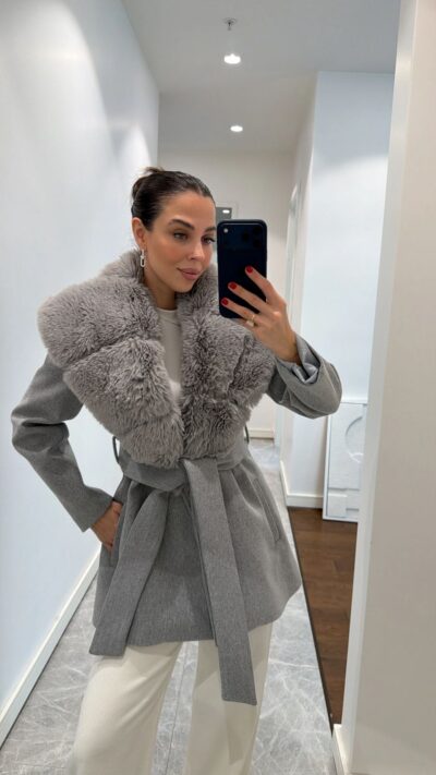 Preorder -FUR COLLAR STAMPED BELTED COAT