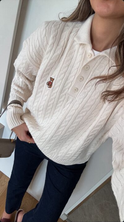 Polo Collar Bear Embroidered Sweater - Ecru