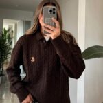 Polo Collar Bear Embroidered Sweater - Brown