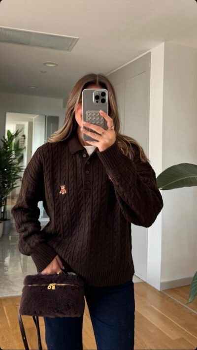 Polo Collar Bear Embroidered Sweater - Brown