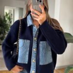 Denim Detailed Knitwear Cardigan - Navy Blue