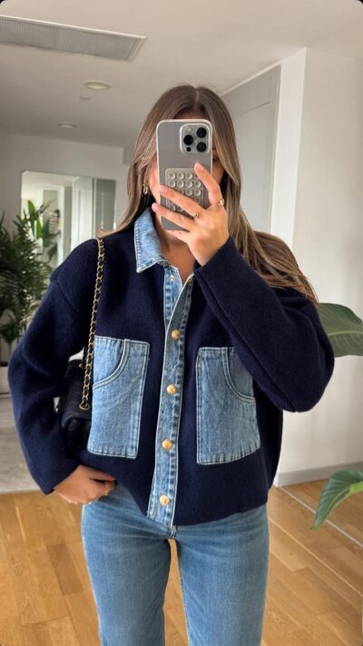 Denim Detailed Knitwear Cardigan - Navy Blue
