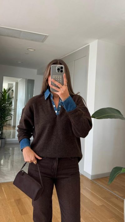 Collar Denim Detailed Sweater - Brown