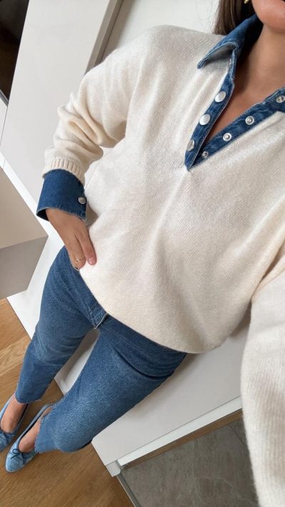 Collar Denim Detailed Sweater - Ecru