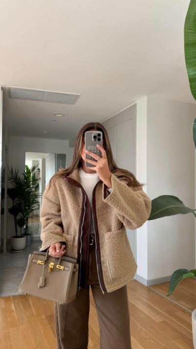 Plush Coat with Bead - Beige