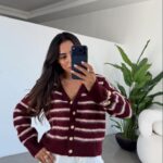 M-D Claret Red-White Striped Knitwear Cardigan