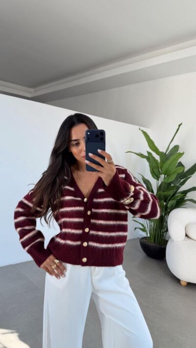 M-D Claret Red-White Striped Knitwear Cardigan