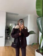 Fur Collar Cardigan with Chardon - Brown