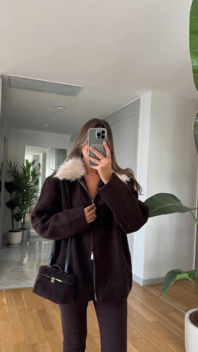 Fur Collar Cardigan with Chardon - Brown