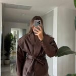 Zipper Detailed Belted Leather Jacket - Brown