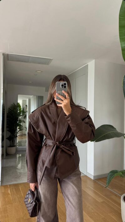 Zipper Detailed Belted Leather Jacket - Brown