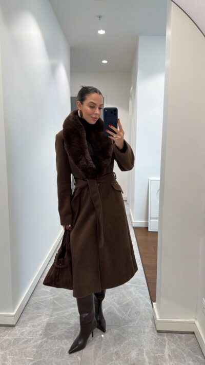 BITTER BROWN PLUSH COLLAR STAMPED COAT- Brown