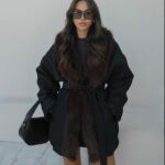 BLACK BUFF COLLAR FUR BELTED COAT