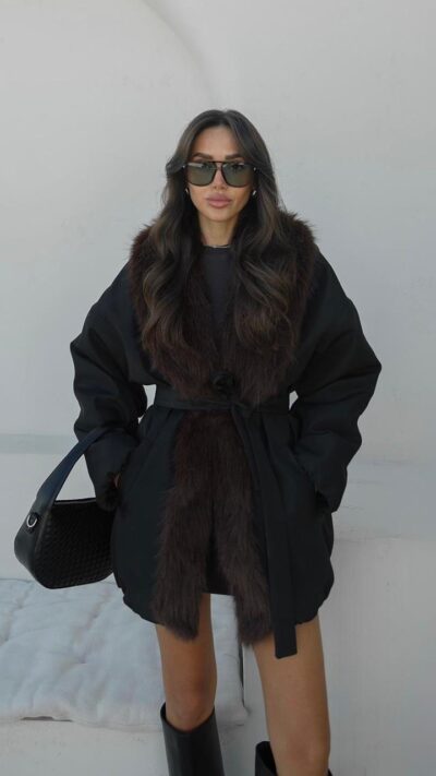 BLACK BUFF COLLAR FUR BELTED COAT