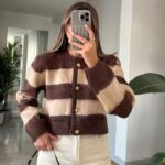 Gold Buttoned Striped Cardigan with Chardon - Brown