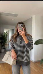 Polo Collar Gray Striped Knitwear