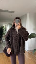 Zippered Hair Braided Premium Sweater - Mocha