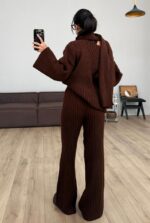 Scarfed V Neck Knitwear Set Brown - Image 3