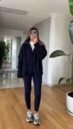 Zippered Hair Braided Premium Sweater - Navy Blue