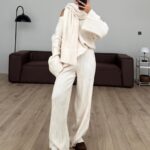 Scarfed V Neck Knitwear Set Beige