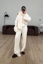 Scarfed V Neck Knitwear Set Beige
