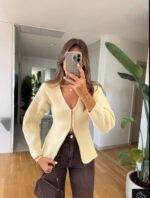 Mng Gold Zippered Knitwear Cardigan - Ecru